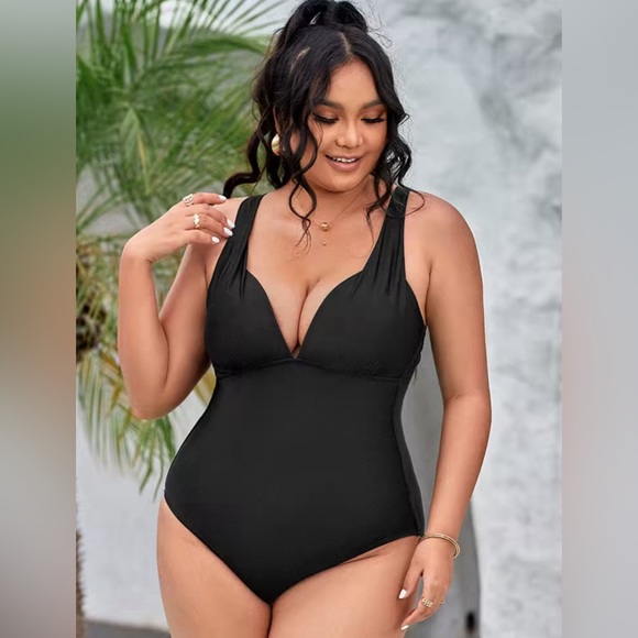 Ladies Black Tummy Control Black Plus Size One Piece Swim Suit - Picture 3 of 4